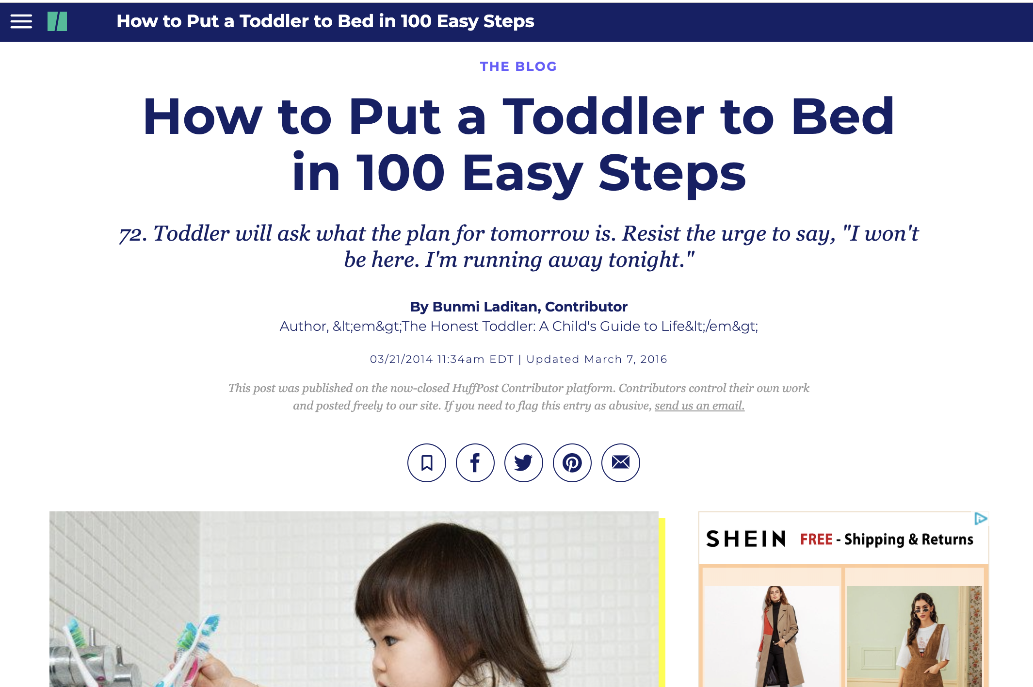 article on putting a toddler to bed